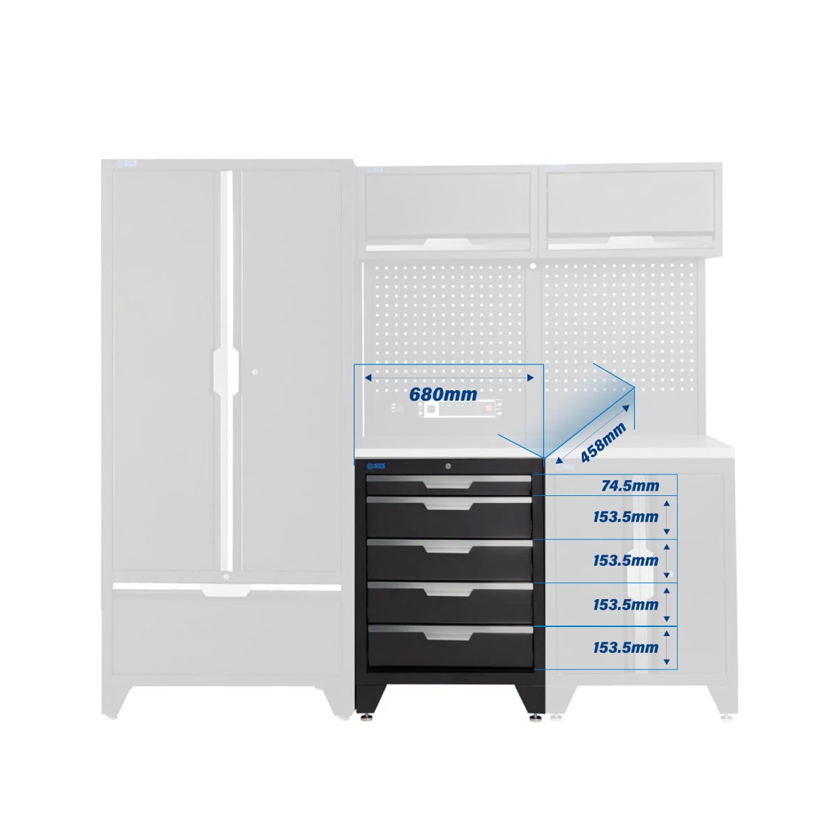 SGS 7pc Modular Garage Storage | 5 Drawers | Stainless Steel Worktop | Tall Double Cabinet with Drawer | 2x Upper Cabinets | Pegboard with Power Strip